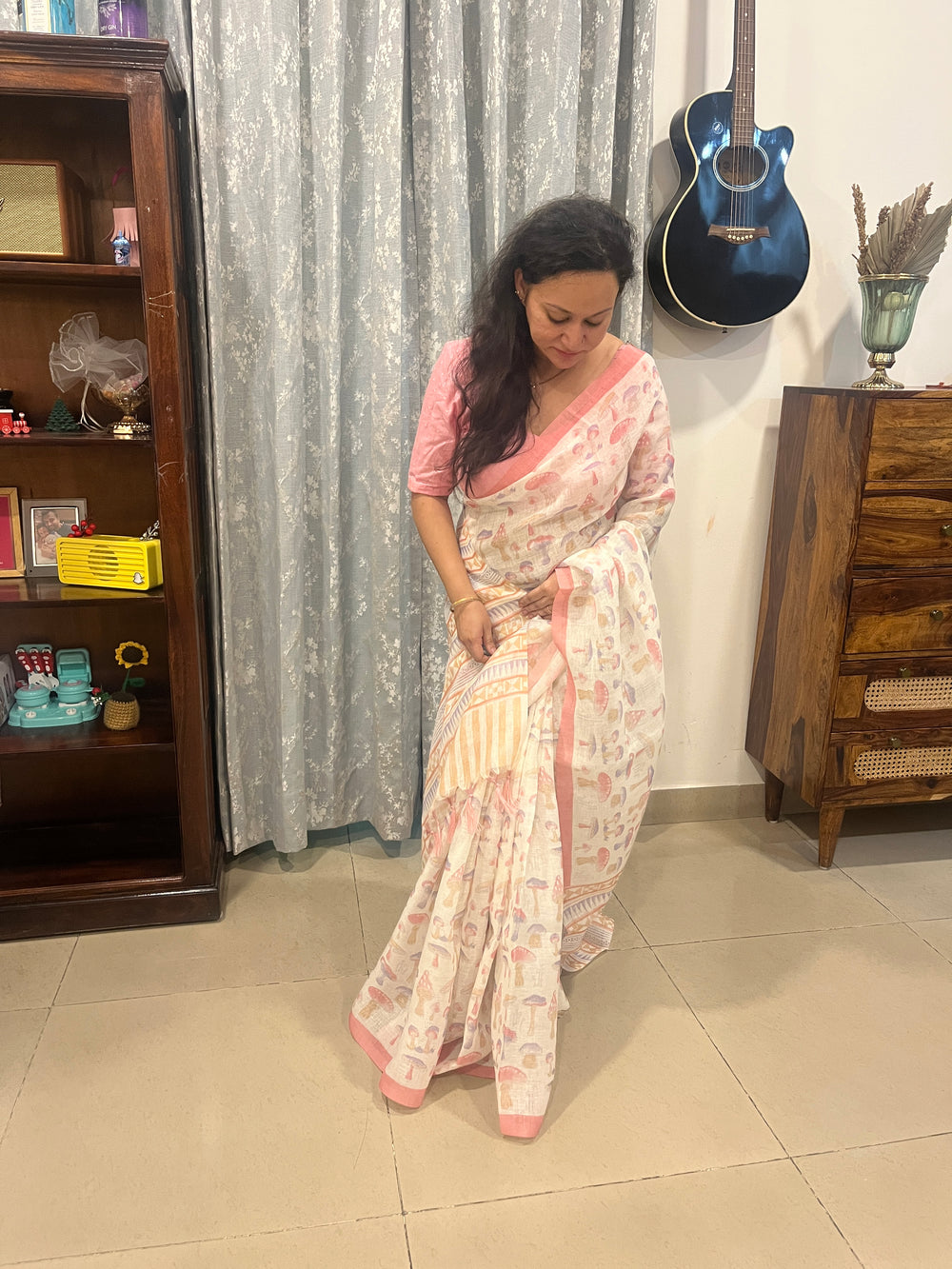 Quirky Linen Cotton Saree - Pink Mushrooms