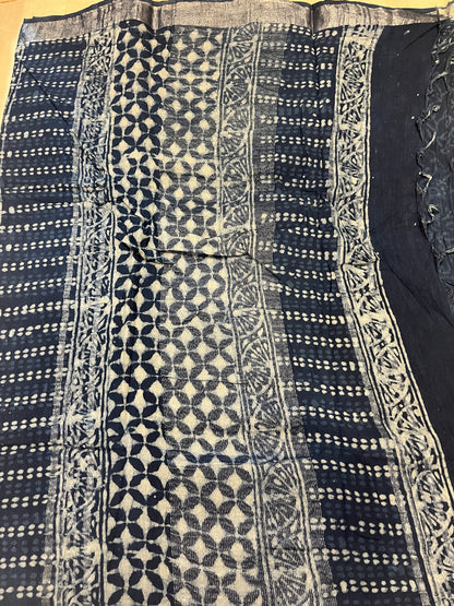 Indigo Handblock Linen Cotton Saree
