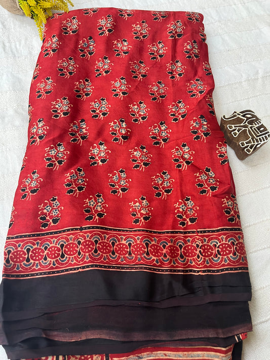 Ajrakh Modal Silk Saree - Red Buttis