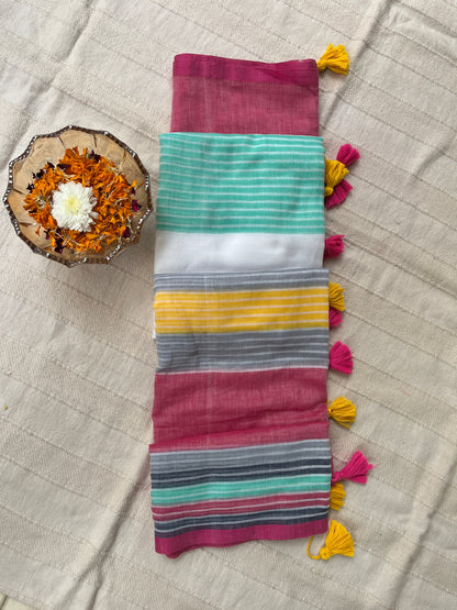 Multicolour Stripes Mul Cotton Saree (No Blouse piece)