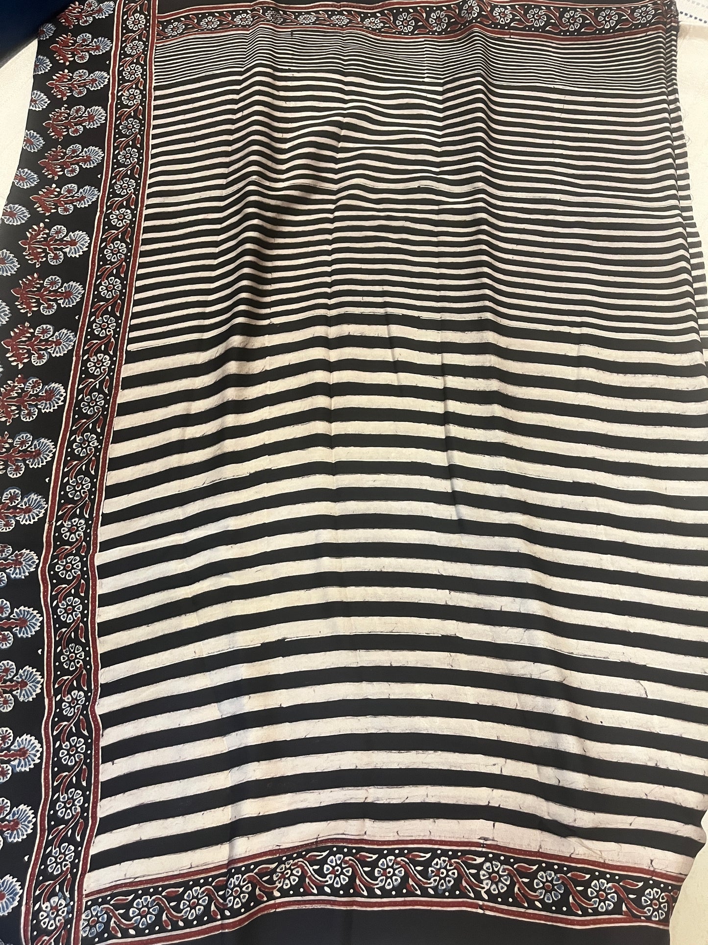 Contemporary Ajrakh Modal Silk Saree - Black Stripes