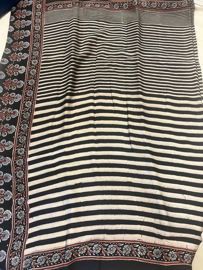 Contemporary Ajrakh Modal Silk Saree - Black Stripes