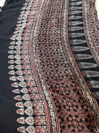 Ajrakh Modal Silk Saree - Black Half Plain Half Badam Block