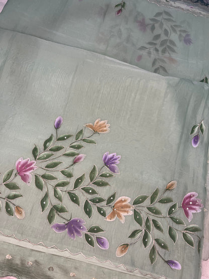 Crepe Organza Handpainted Saree with Embroidery- Rama Green