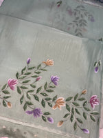Crepe Organza Handpainted Saree with Embroidery- Rama Green