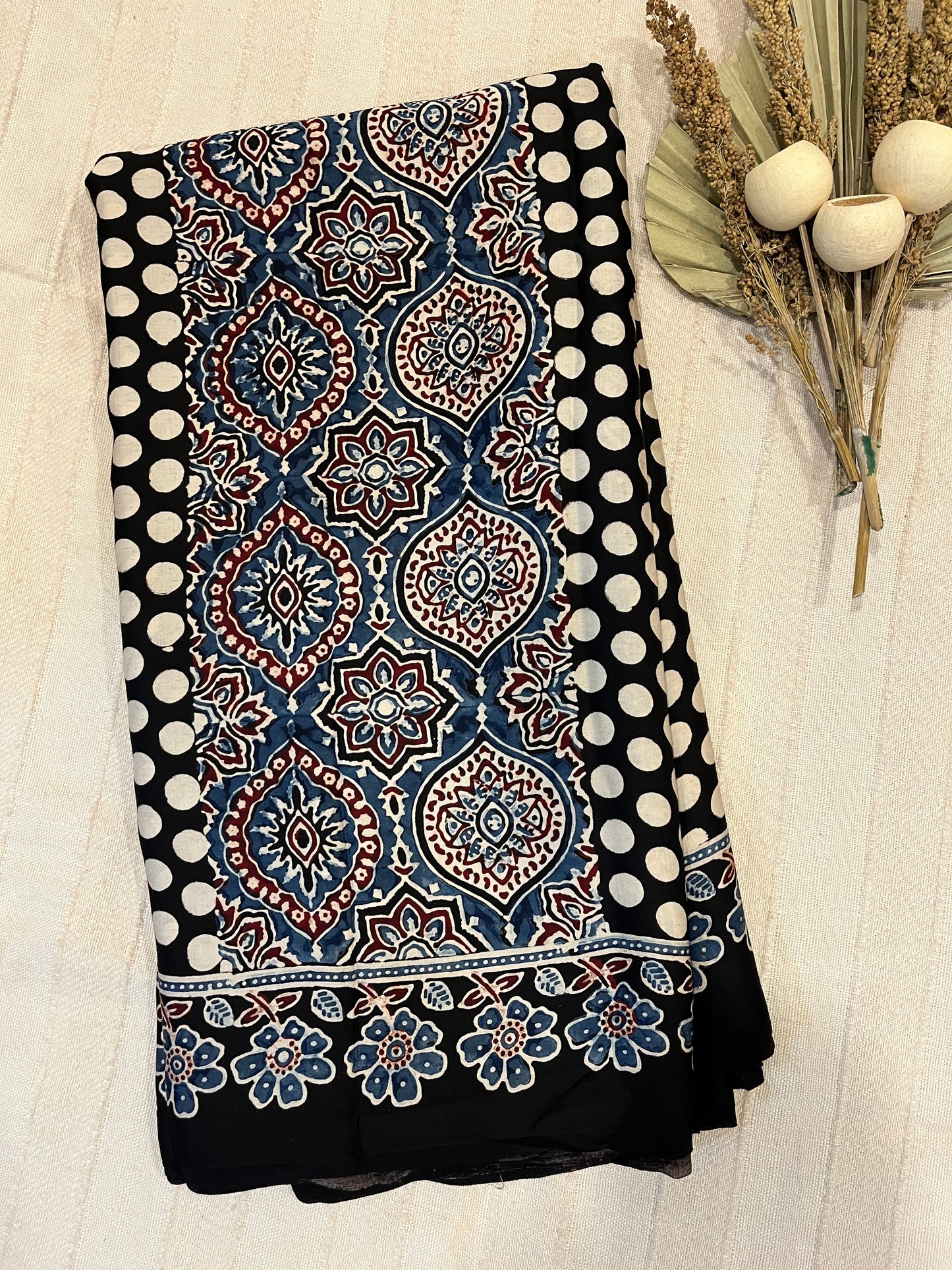 Contemporary Ajrakh Modal Silk Saree - Black