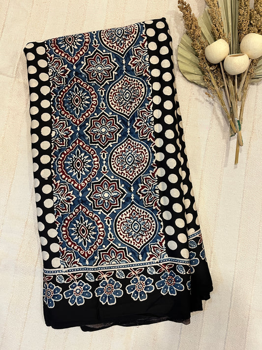 Contemporary Ajrakh Modal Silk Saree - Black