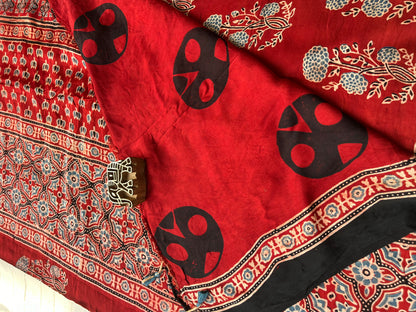 Ajrakh Modal Silk Saree - Red Flower Motifs (with tasssels)