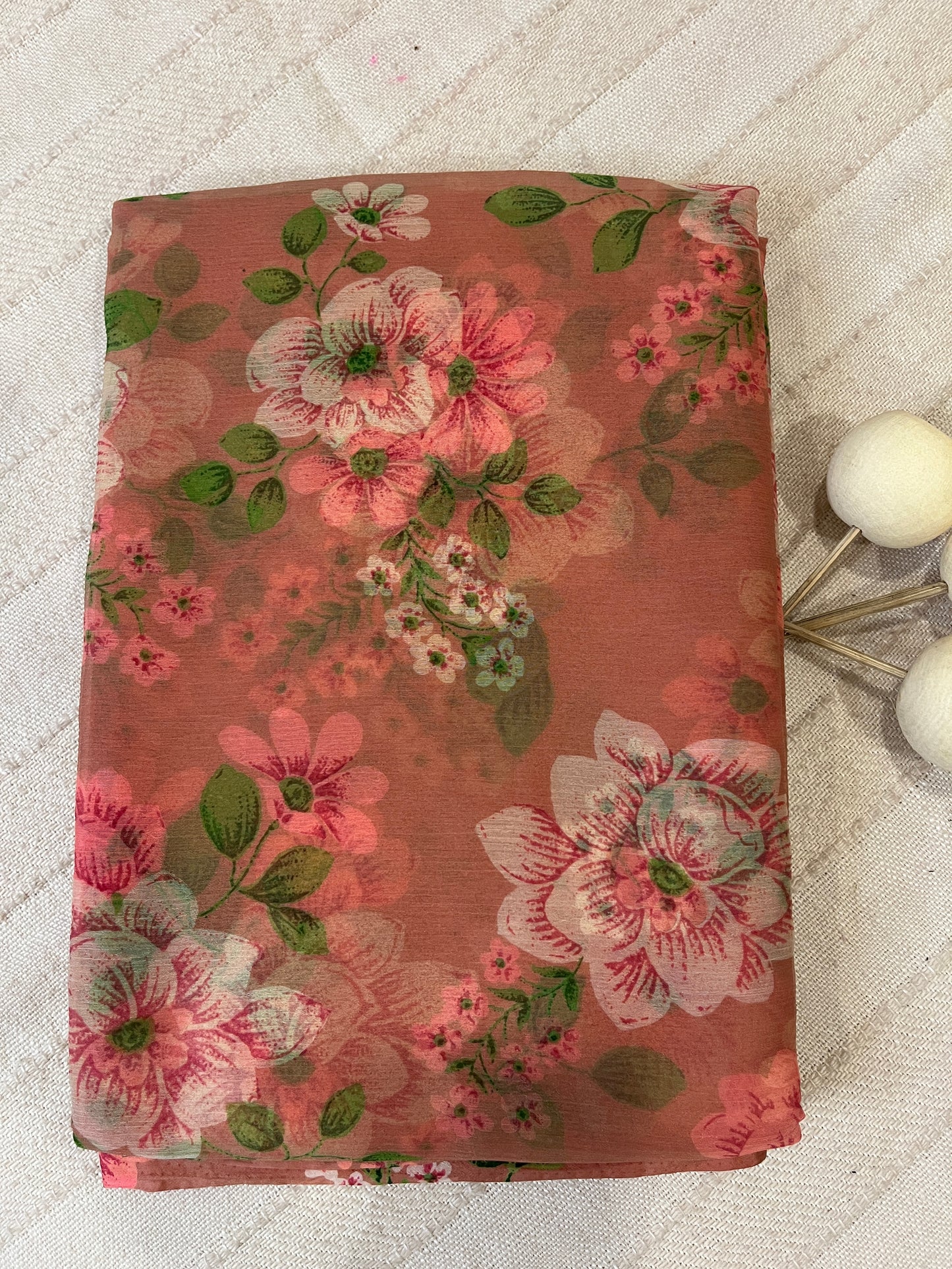 Semi Chiffon Floral Saree - Peach