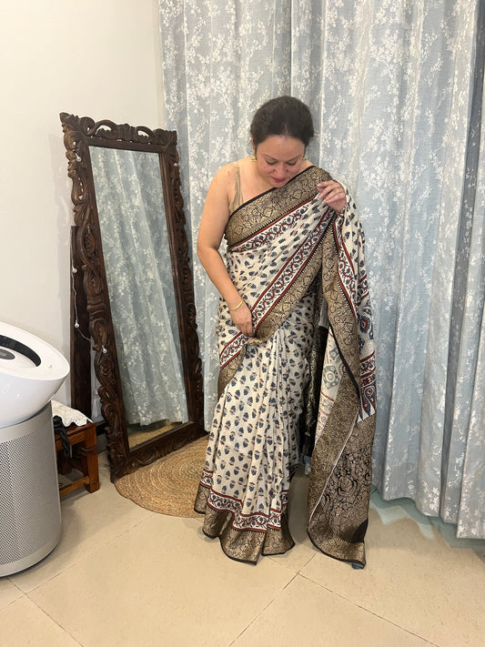 Ajrakh Dola Silk Saree - Pearl White Buttis (with tassels)