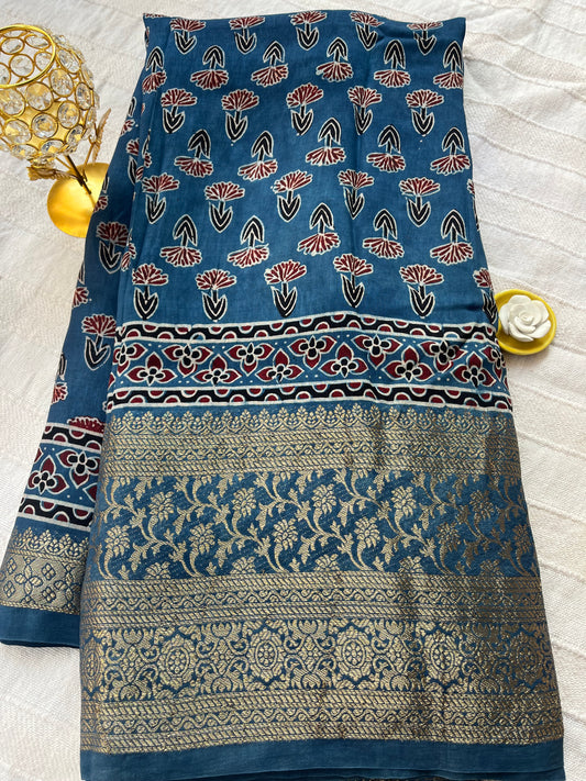 Indigo Ajrakh Dola Silk Saree - Floral Motifs (with tassels)