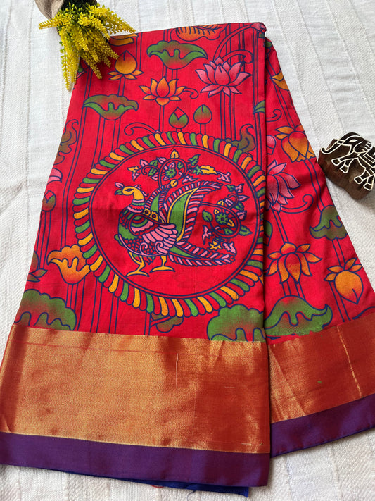 Kalamkari Printed Nelluri Silk Saree - Red