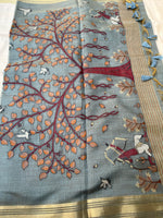Chanderi Cotton Jamdani Saree - Grey Shikargah