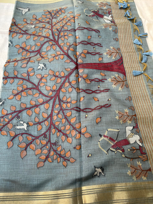 Chanderi Cotton Jamdani Saree - Grey Shikargah