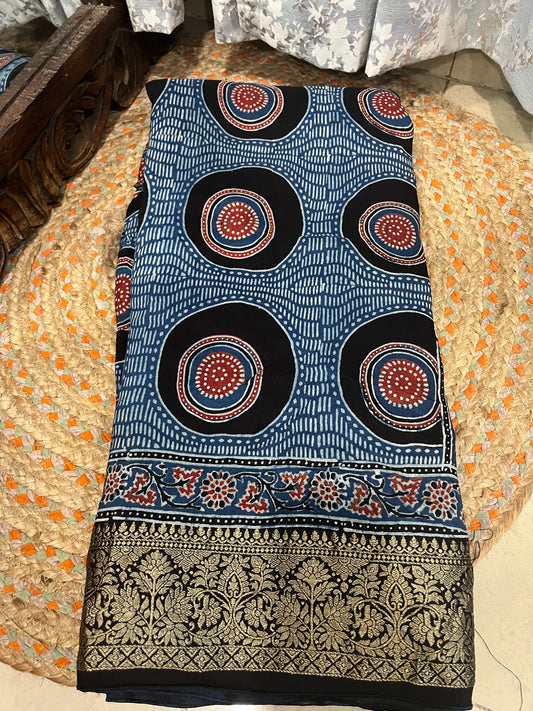 Ajrakh Dola Silk Saree - Indigo