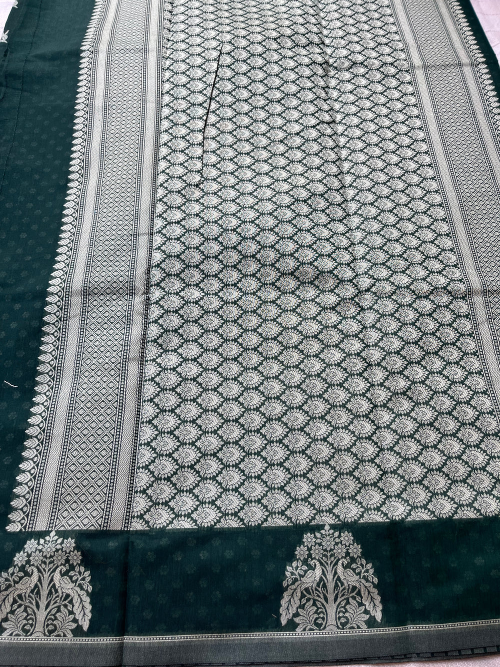 Mercerised Cotton Saree with Dear & Peacock Weaving - Dark Green