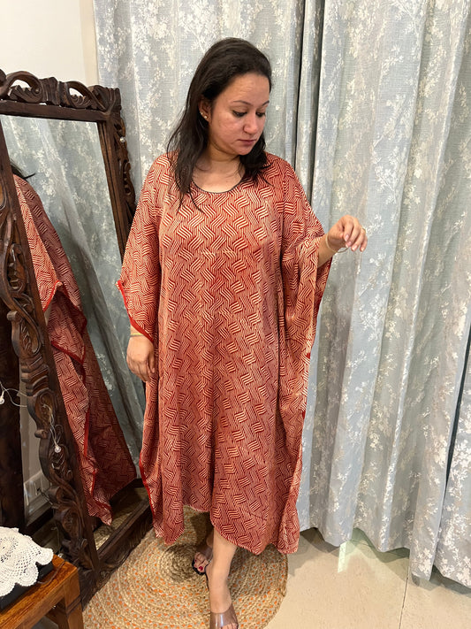 Ajrakh Modal Silk Kaftan - Red