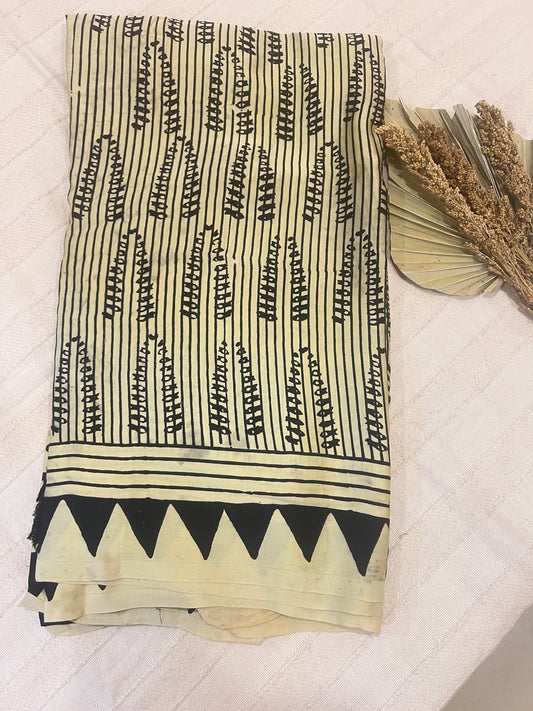 Contemporary Ajrakh Modal Silk Saree - Cream with Big Blue Dot Palla