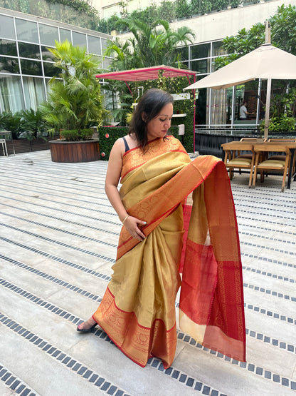 Kanjiwaram Tissue Tanchui Soft Silk Saree - Red Gold