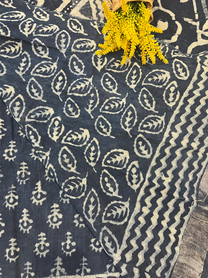 Indigo Handblock Linen Cotton Saree