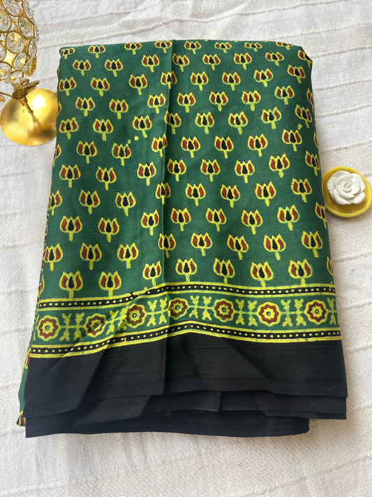 Ajrakh Modal Silk Saree - Green Lotus Print (with tasssels)