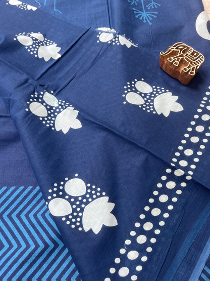 Indigo Mul Cotton Saree - Screenprint