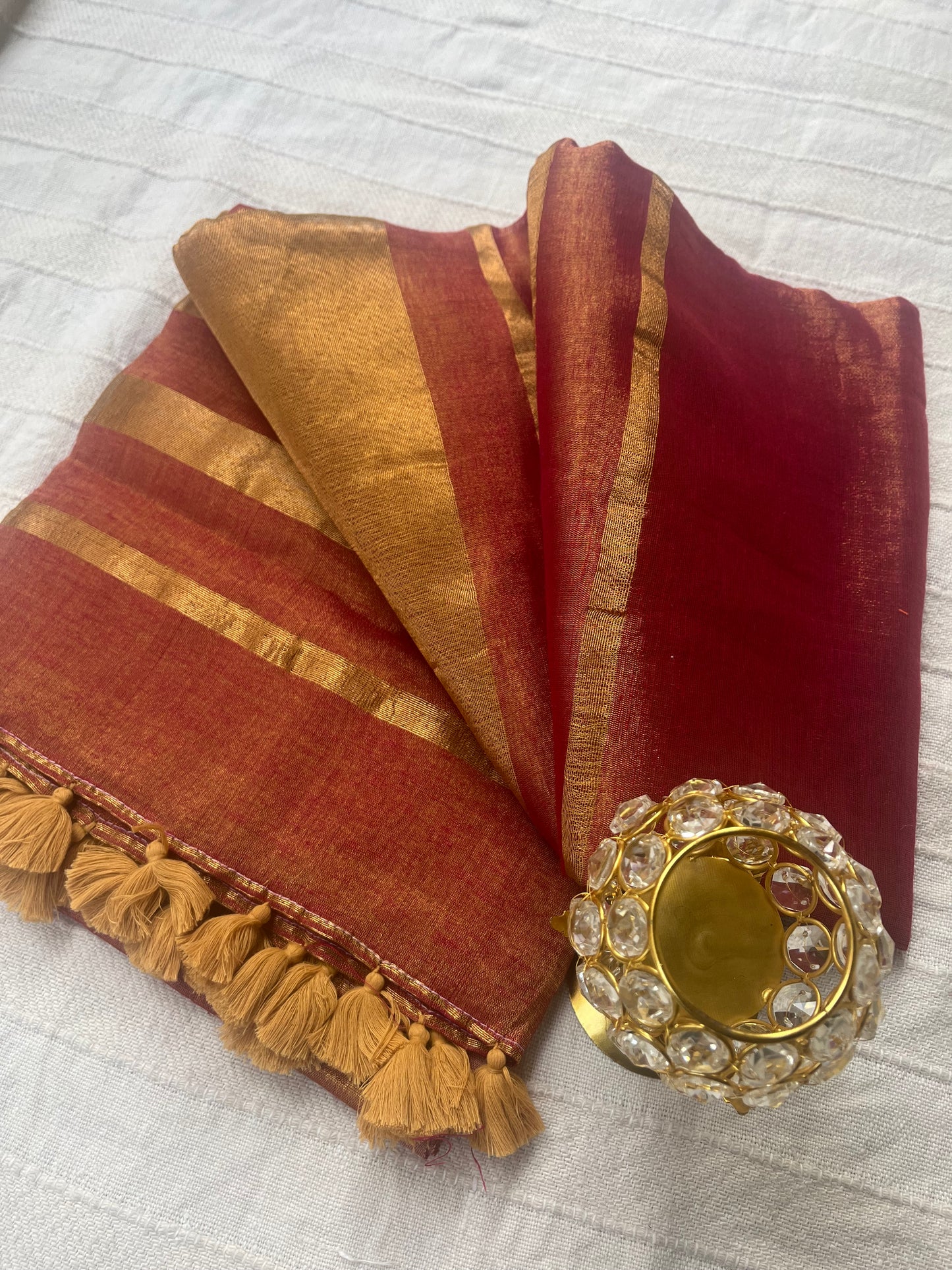 Tissue Linen Saree with Tassels - Gajari