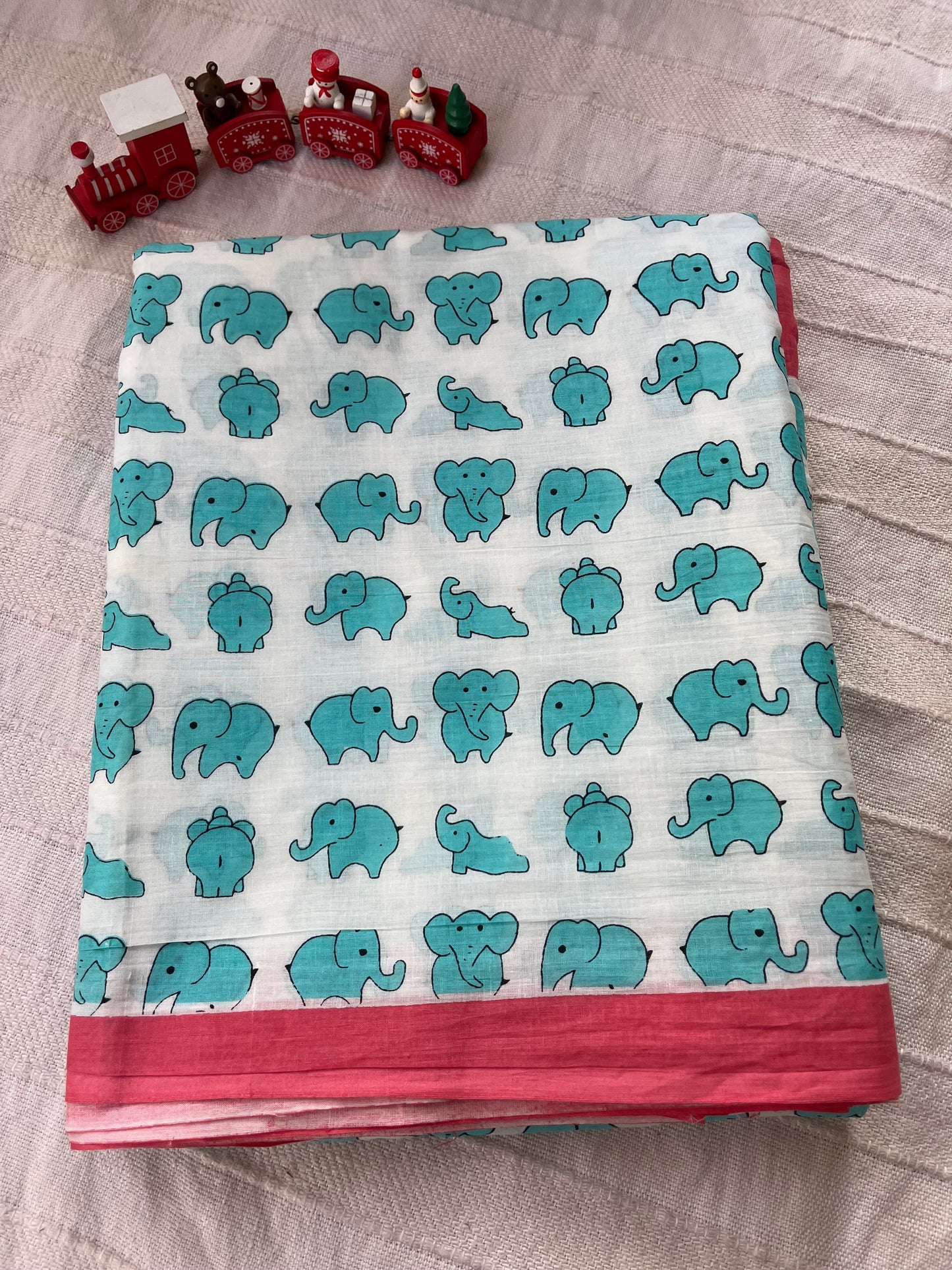 Quirky Elephant Print Saree - Aqua and Coral