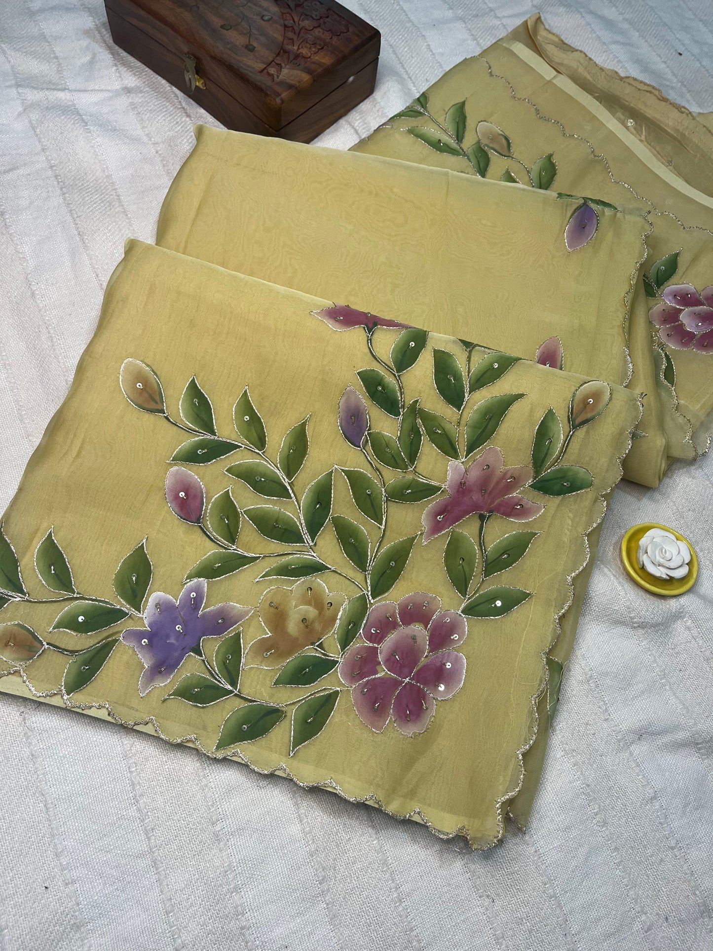 Crepe Organza Handpainted Saree with Embroidery- Lemon Yellow