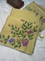 Crepe Organza Handpainted Saree with Embroidery- Lemon Yellow