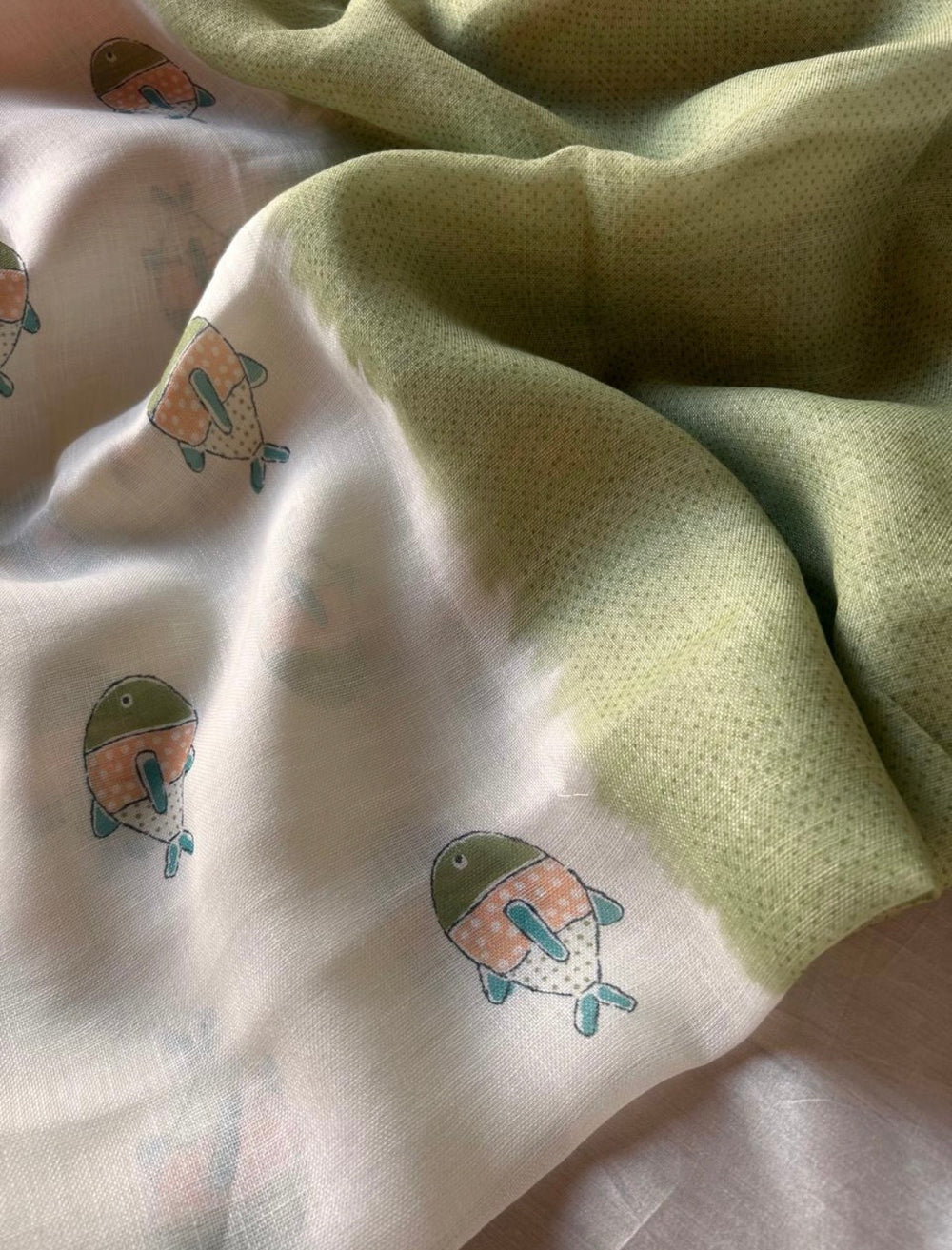Quirky Linen Cotton Saree - Mehendi Green Fishes