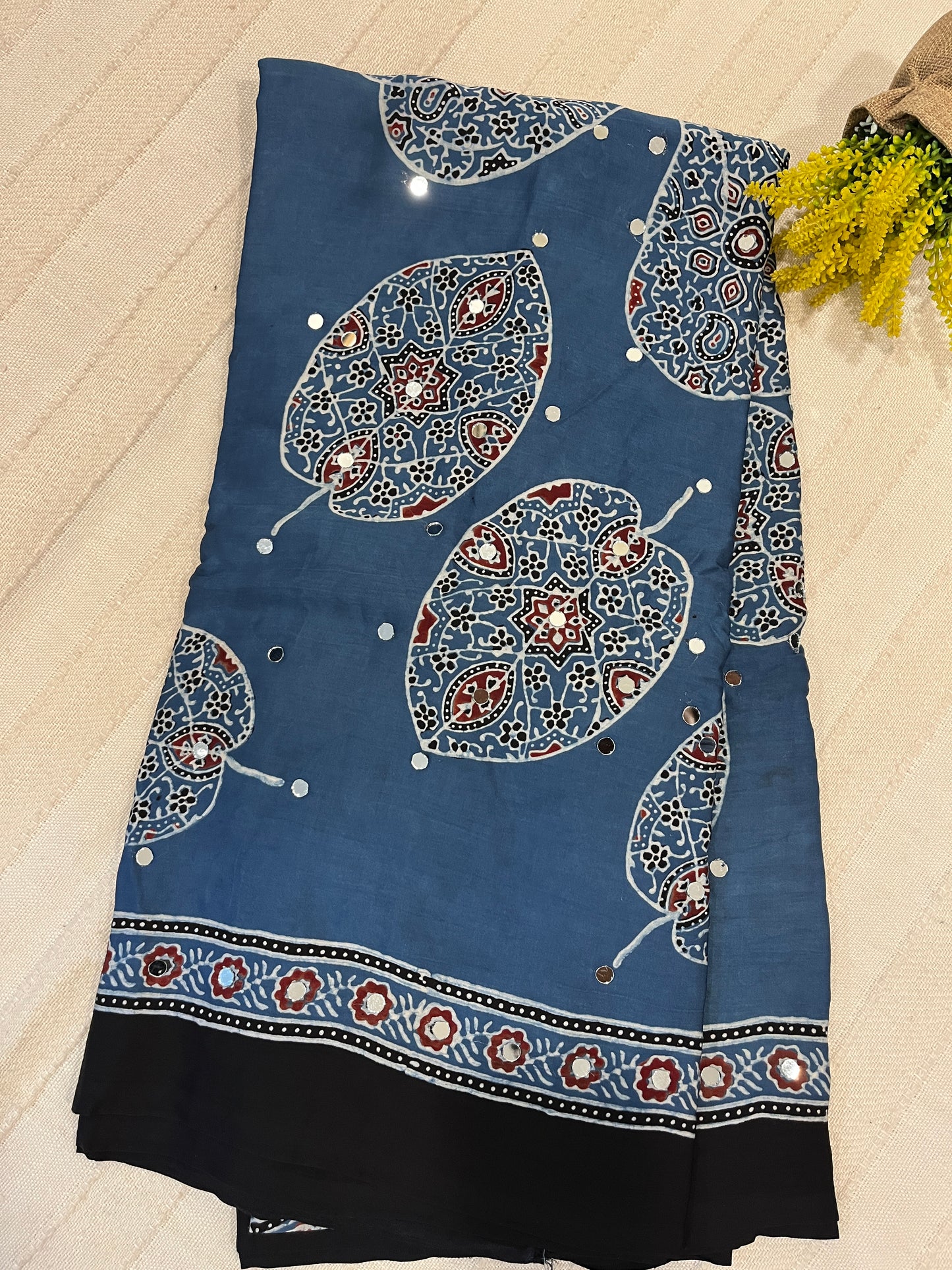 Ajrakh Modal Silk Saree with Mirror Work - Indigo Leaves Motifs