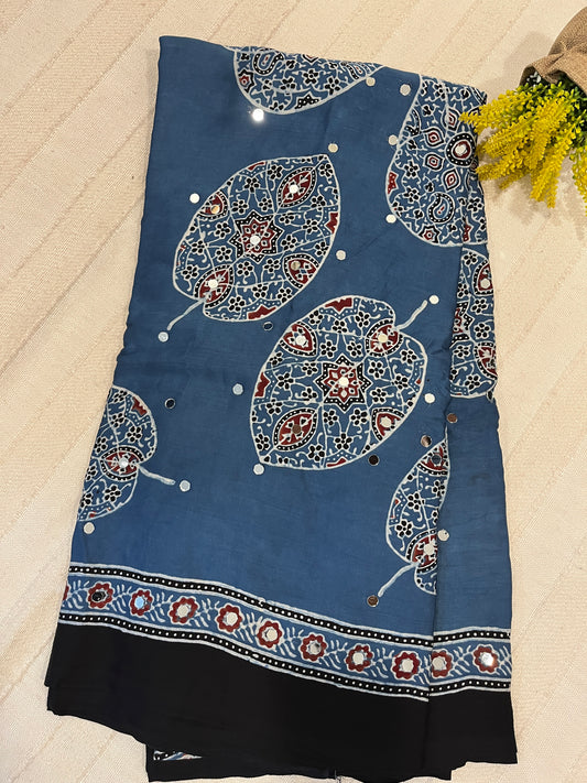 Ajrakh Modal Silk Saree with Mirror Work - Indigo Leaves Motifs