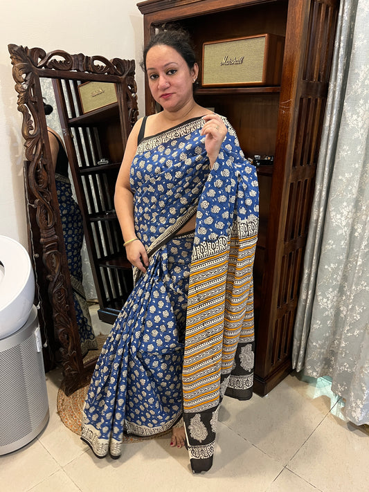 Lion Handblock Mul Cotton Saree - Blue