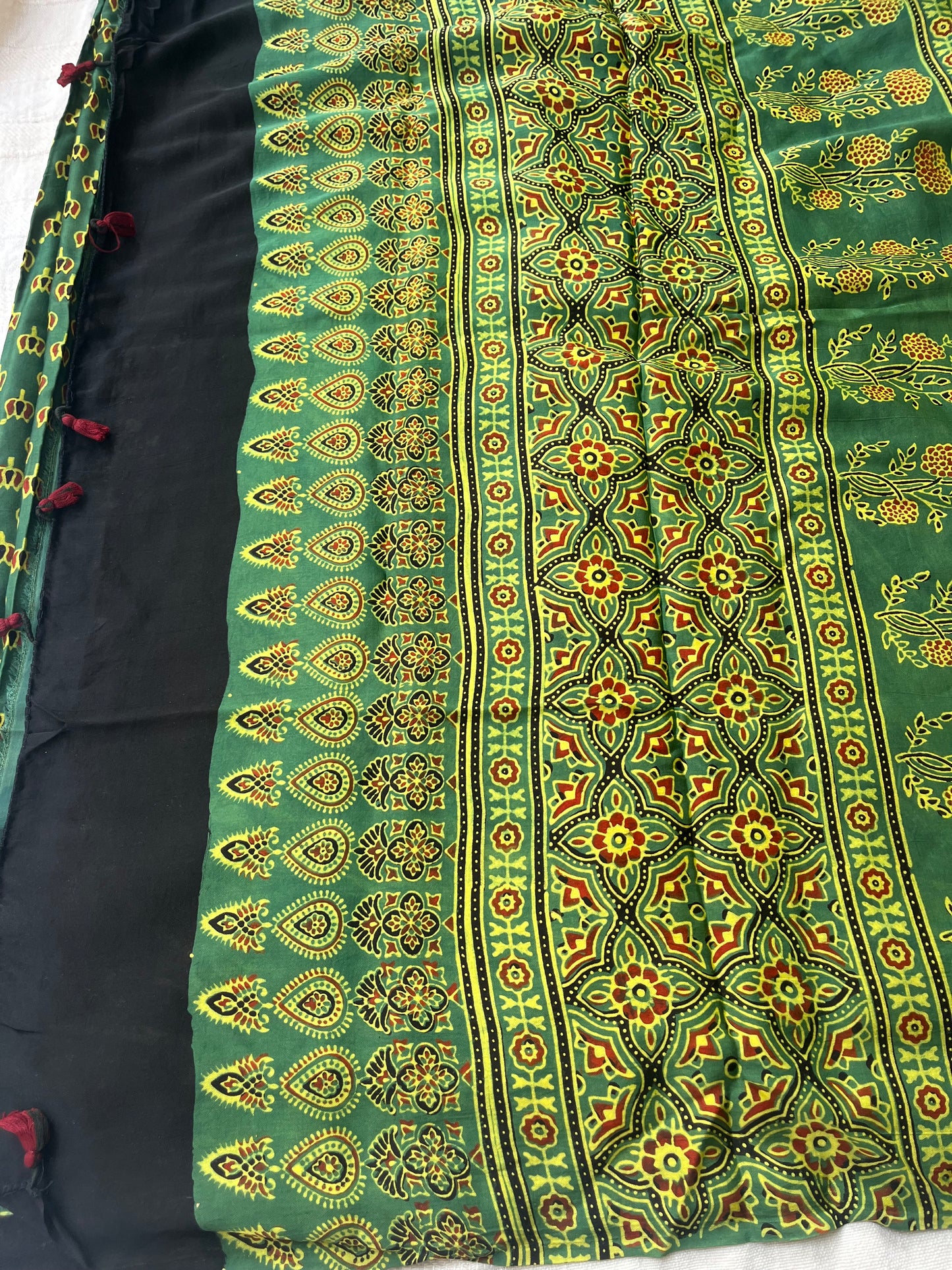 Ajrakh Modal Silk Saree - Green Lotus Print (with tasssels)