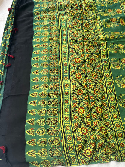 Ajrakh Modal Silk Saree - Green Lotus Print (with tasssels)