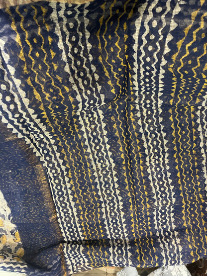 Bagru Handblock Kota Doria Saree - Blue-Yellow