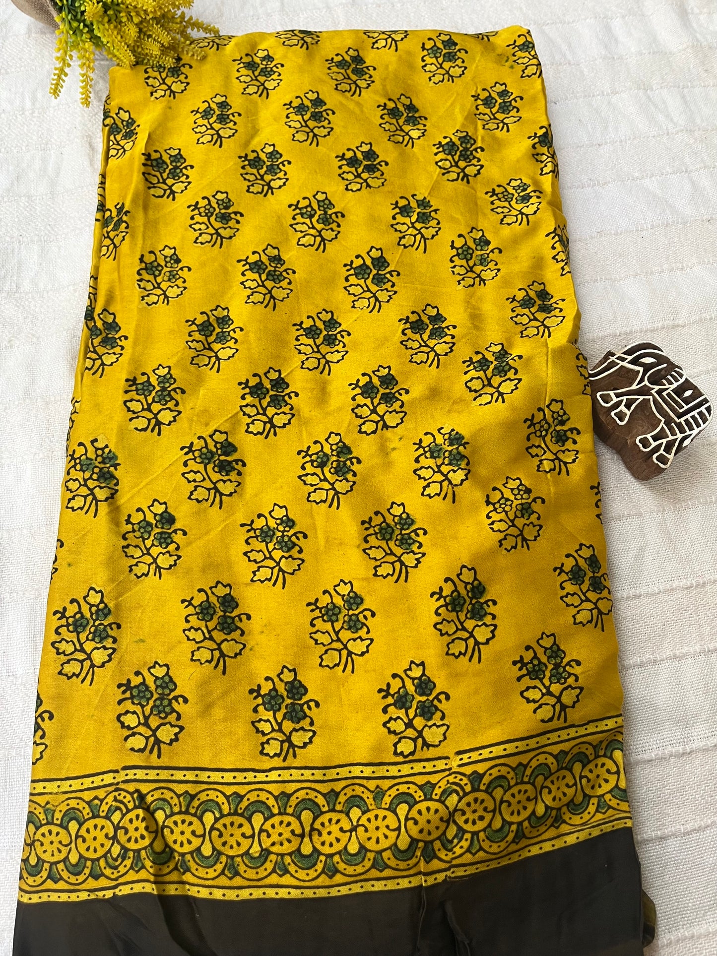 Ajrakh Modal Silk Saree - Yellow Buttis