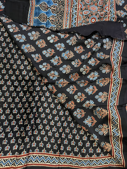 Ajrakh Modal Silk Saree - Black Lotus Motifs