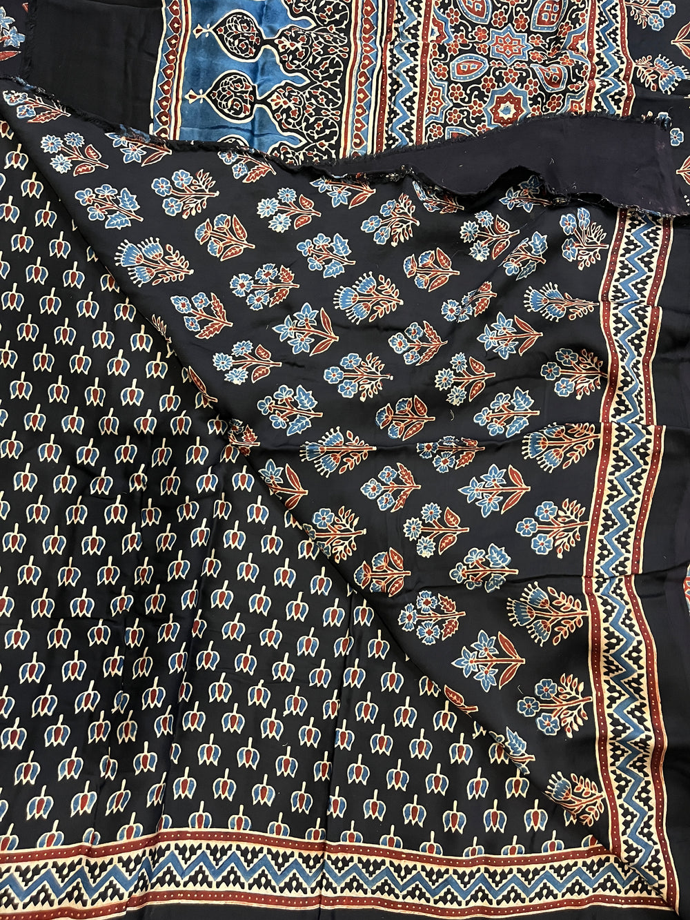 Ajrakh Modal Silk Saree - Black Lotus Motifs