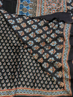 Ajrakh Modal Silk Saree - Black Lotus Motifs
