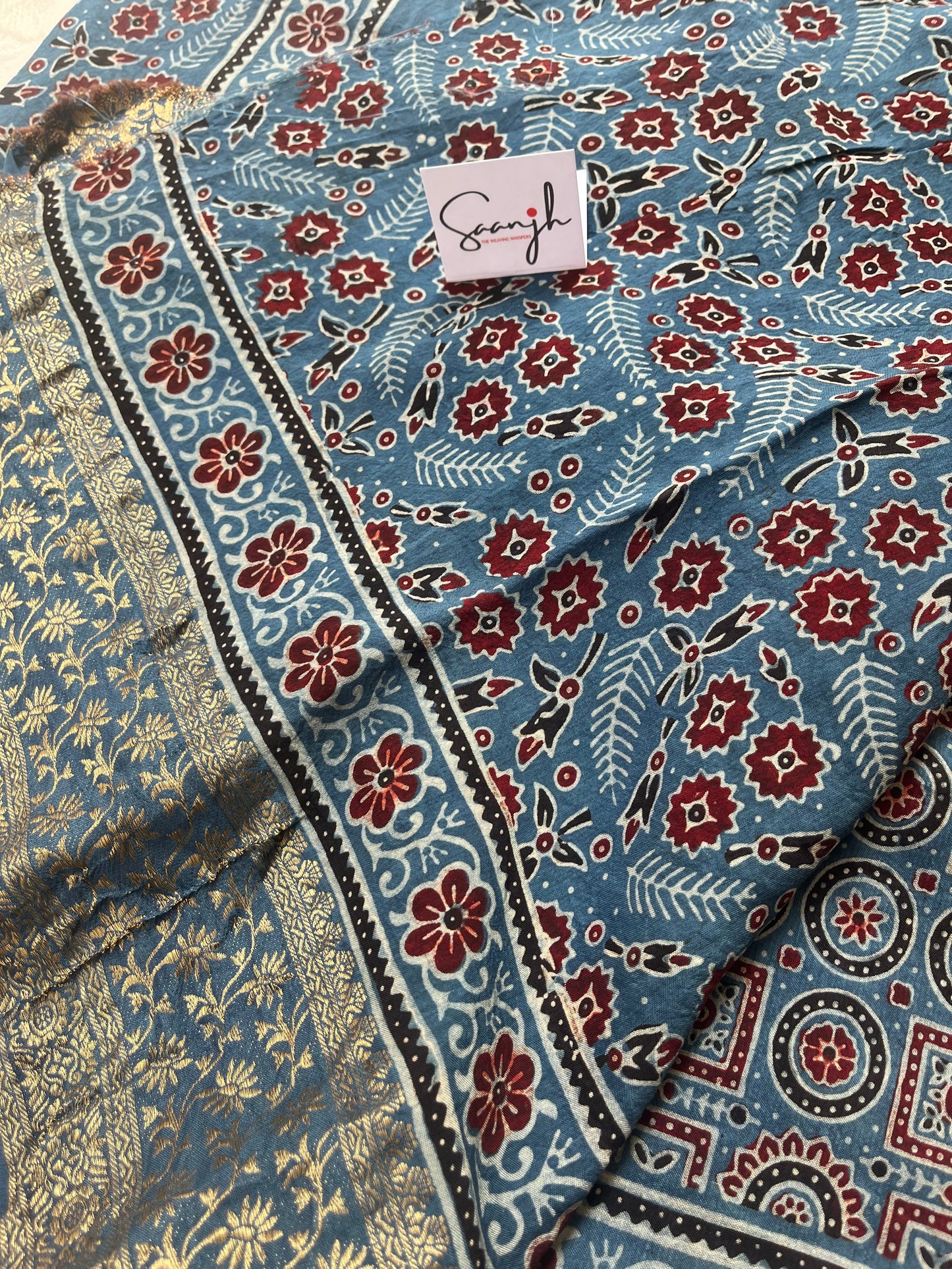 Indigo Ajrakh Dola Silk Saree - Stripes and Badam Block