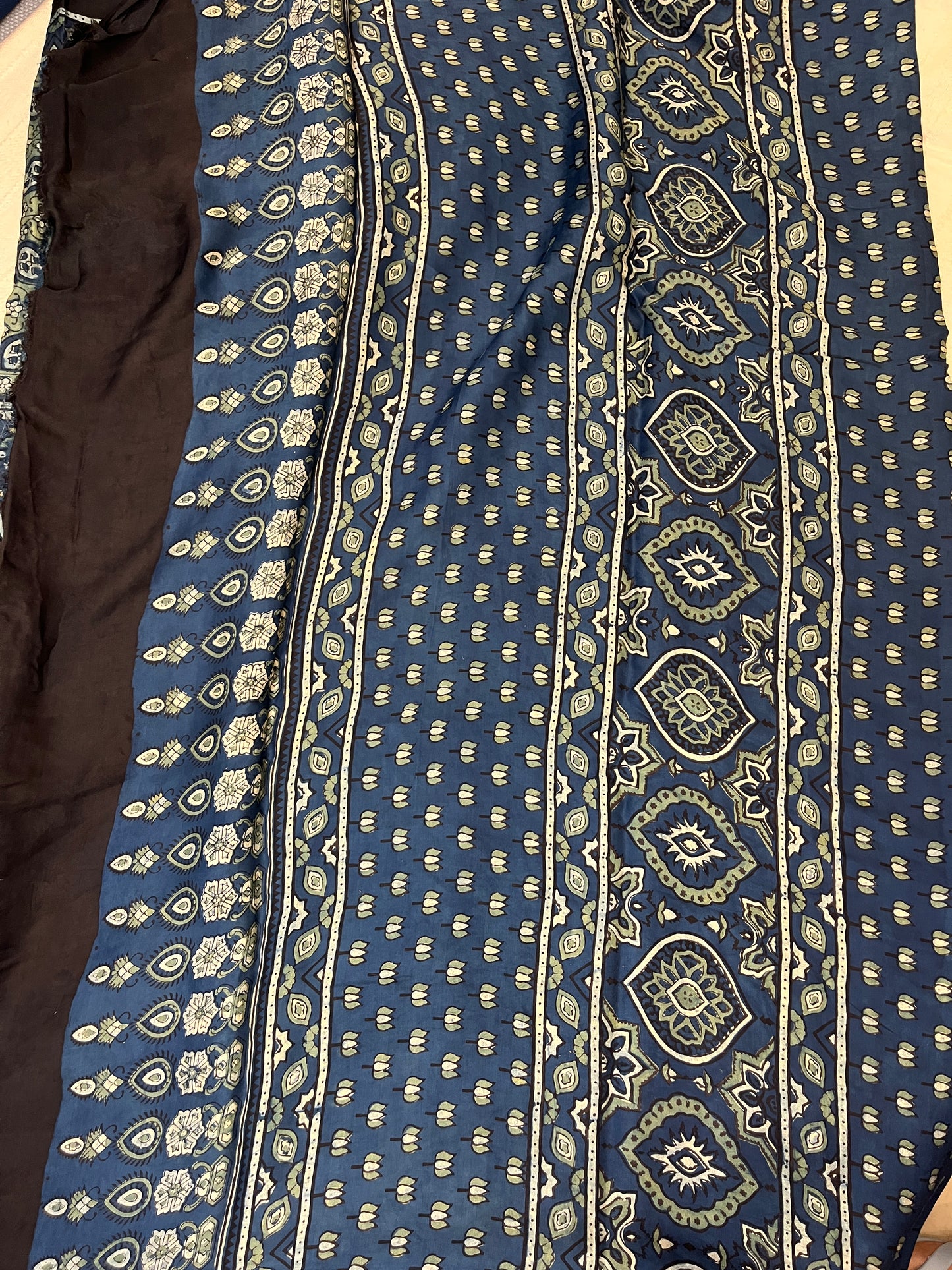 Contemporary Ajrakh Modal Silk Saree - Indigo-Green