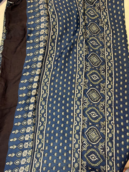 Contemporary Ajrakh Modal Silk Saree - Indigo-Green