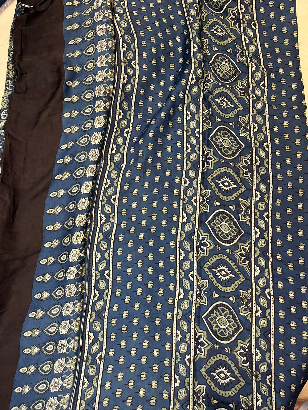 Contemporary Ajrakh Modal Silk Saree - Indigo-Green