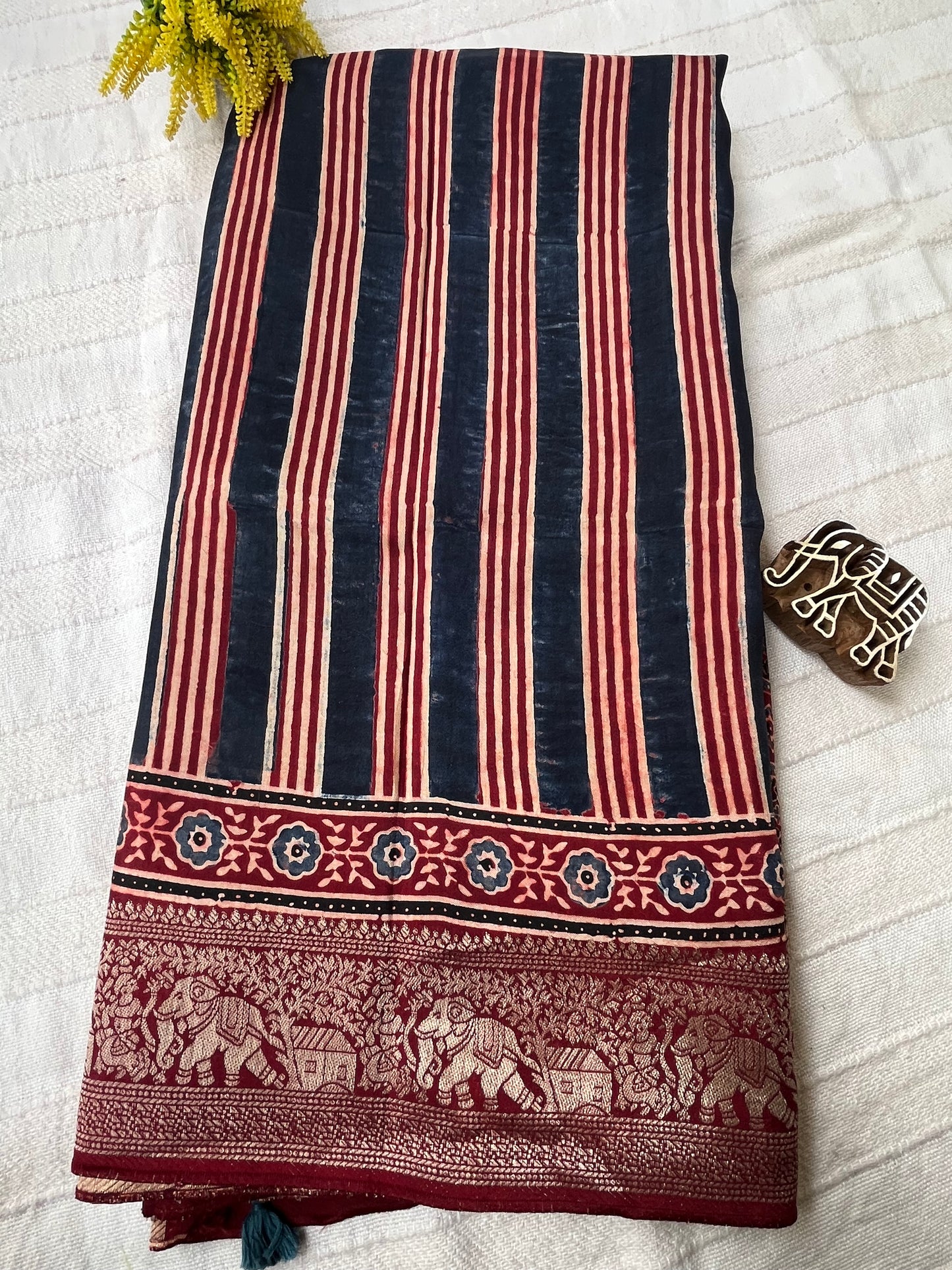 Ajrakh Dola Silk Saree - Contemporary Deep Red Stripes (with tassels)