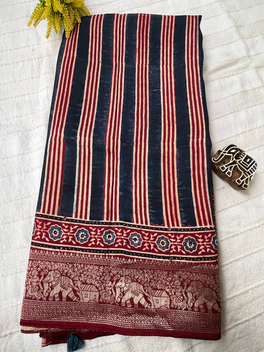 Ajrakh Dola Silk Saree - Contemporary Deep Red Stripes (with tassels)
