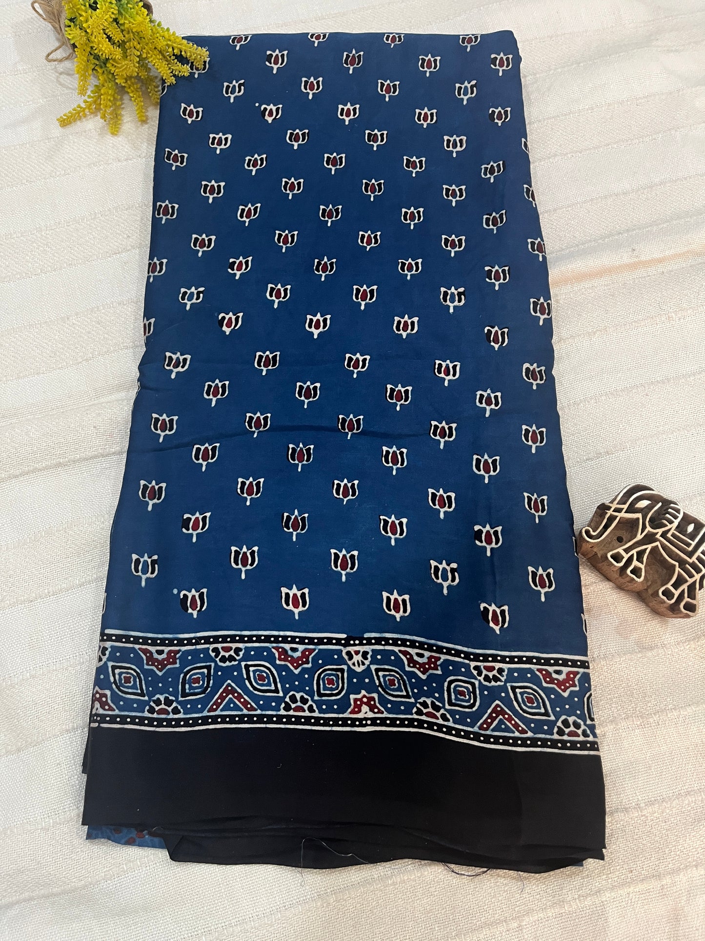Ajrakh Modal Silk Saree - Indigo Lotus Motifs