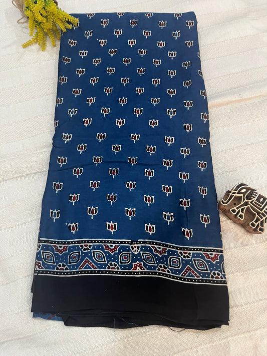 Ajrakh Modal Silk Saree - Indigo Lotus Motifs