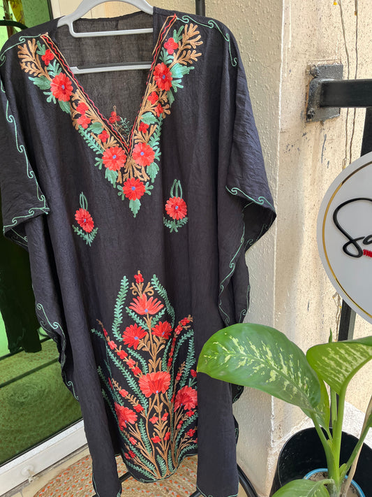 Crush Cotton Aariwork Kaftan - Black
